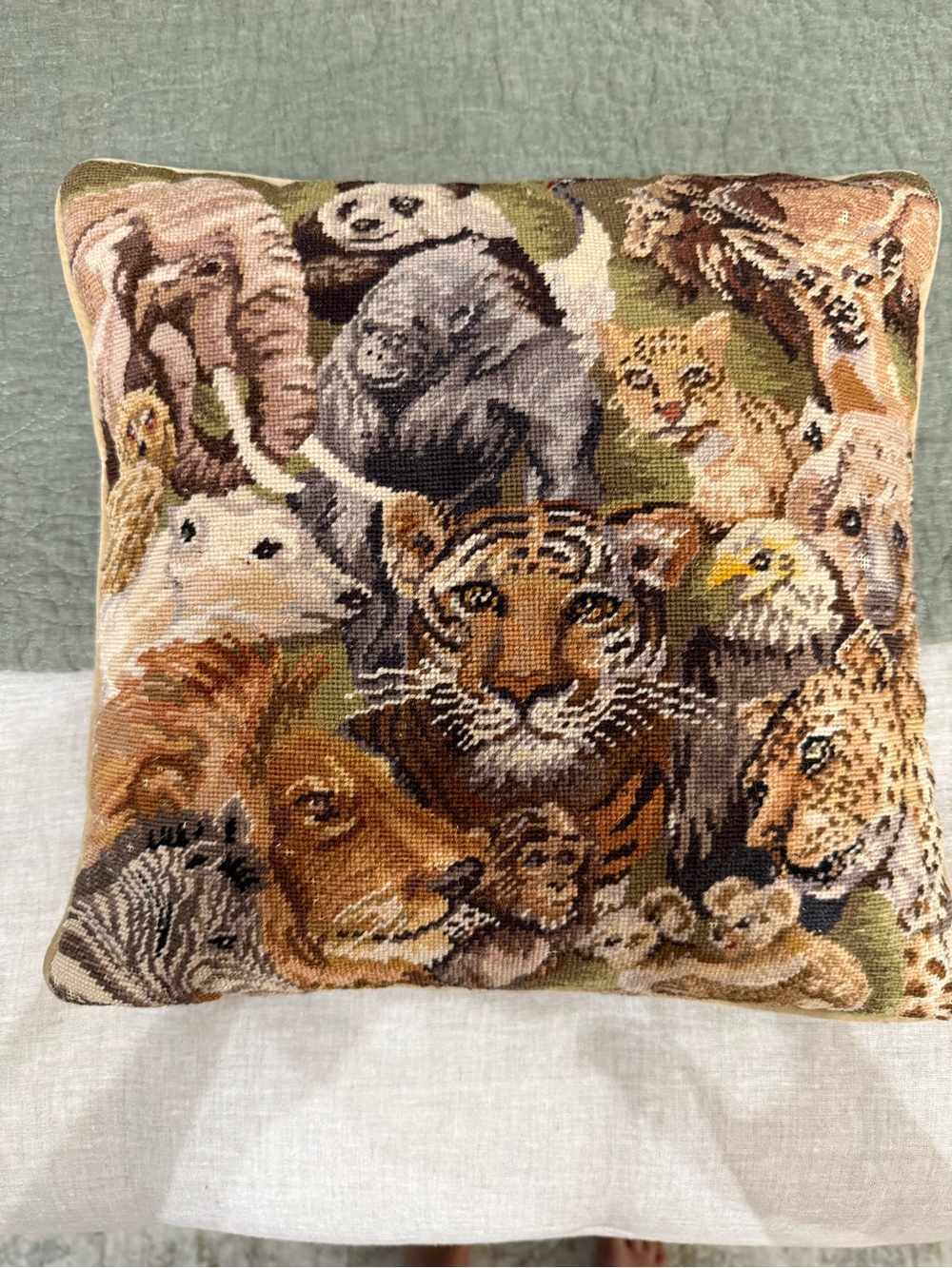 Vintage Safari Animal Print Tapestry Throw Pillow - Multicolor Green Velvet Back